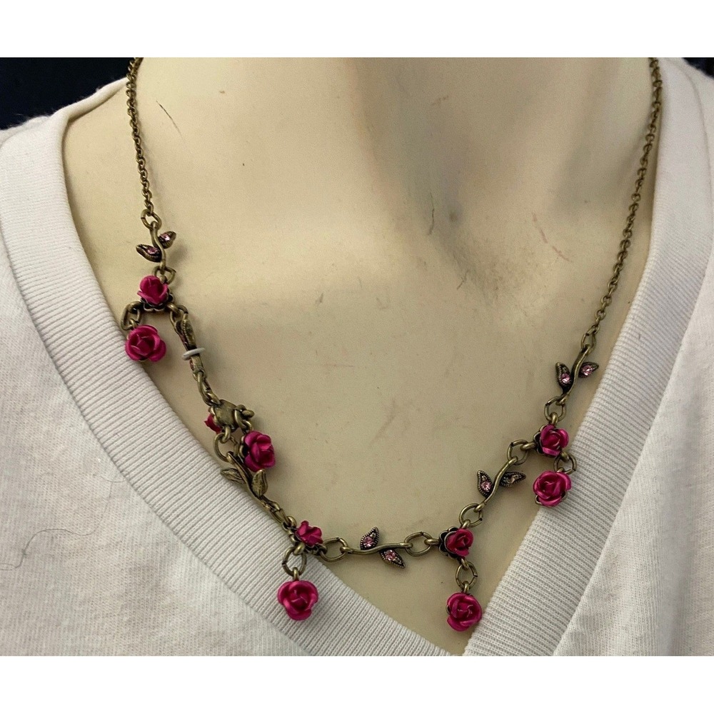 Gold Tone Rose Necklace and Earring Set Pink Rhinestone‎ Flower